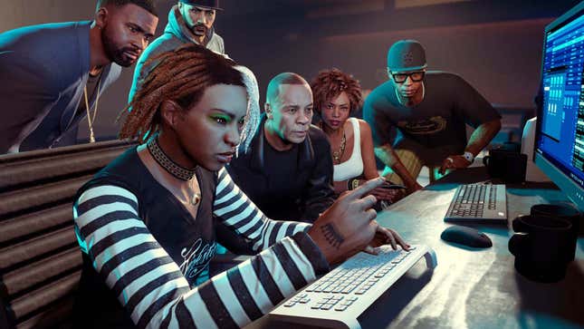 Dr. Dre, Franklin and others look closely at a PC monitor in a GTA Online screenshot.