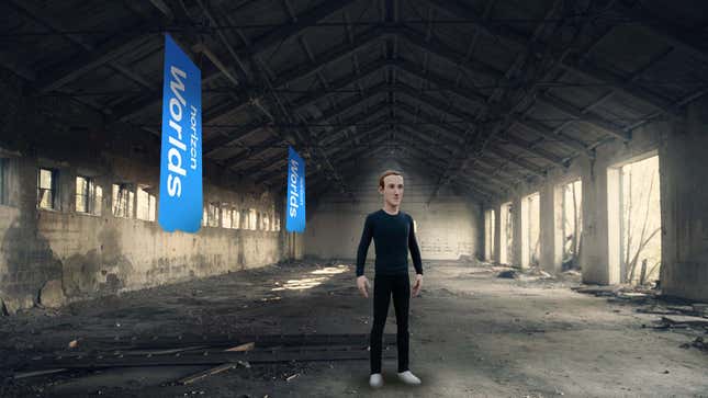 A lonely man stands in an empty warehouse with Horizon flags hanging behind him.