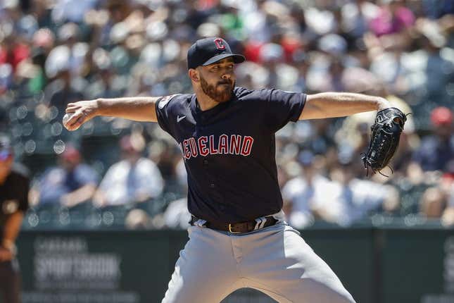 Jul 30, 2023; Chicago, Illinois, USA; Cleveland Guardians starting pitcher Aaron Civale (43) delivers a pitch against the Chicago White Sox during the first inning at Guaranteed Rate Field.