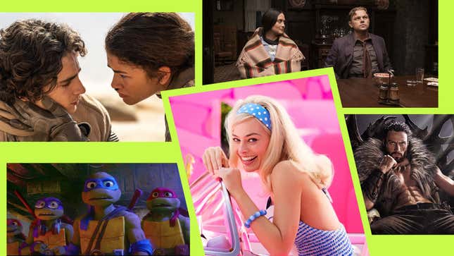 Clockwise from upper left: Dune: Part Two (Warner Bros.), Killers Of The Flower Moon (Sony), Kraven the Hunter (Sony), Barbie (Warner Bros.), Teenage Mutant Ninja Turtles: Mutant Mayhem (Paramount)