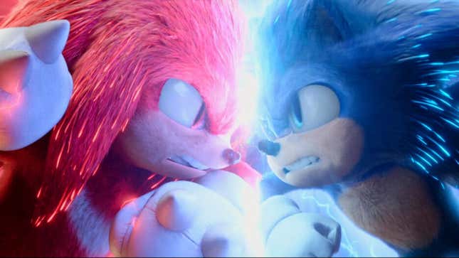 Knuckles the Echidna (Idris Elba) and Sonic the Hedgehog (Ben Schwartz) in Sonic the Hedgehog 2.