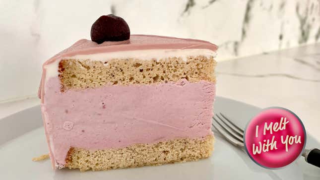 a slice of raspberry ice cream cake