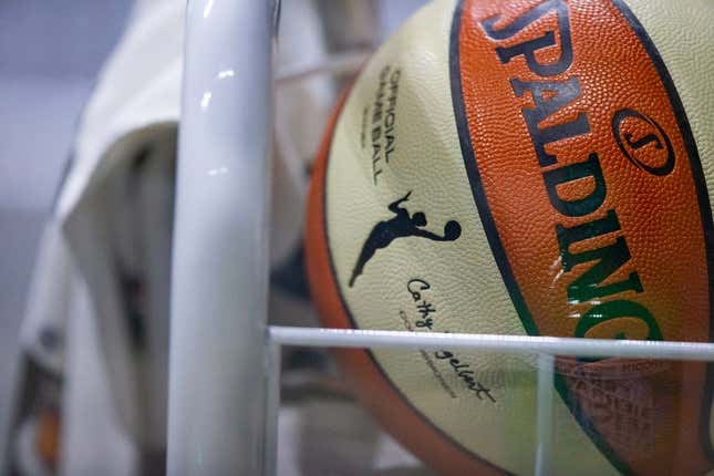 Sep 29, 2020; Bradenton, Florida, USA; A game ball waits on a sanitation cart during game 5 of the WNBA semifinals between the Connecticut Suns and the Las Vegas Aces at IMG Academy.