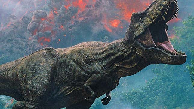 A T.Rex in Jurassic World: Fallen Kingdom roaring triumphantly in front of an erupting volcano. 