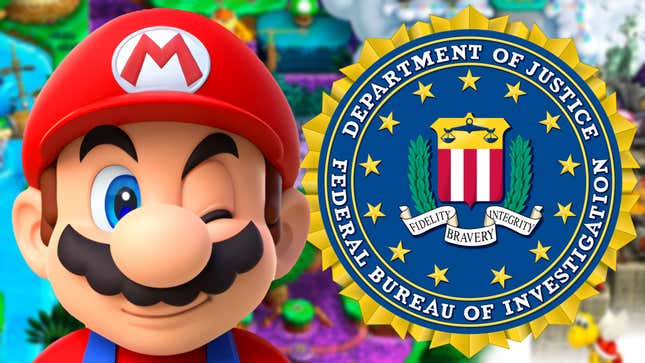 Mario winks at the FBI logo.