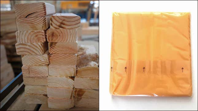 On left: a stack of lumber. On right: an unwrapped slice of American cheese