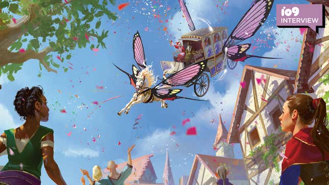 Fantastical onlookers gaze at the sky as a butterfly-winged horse-and-carriage, driven by two elves, soars through the air.
