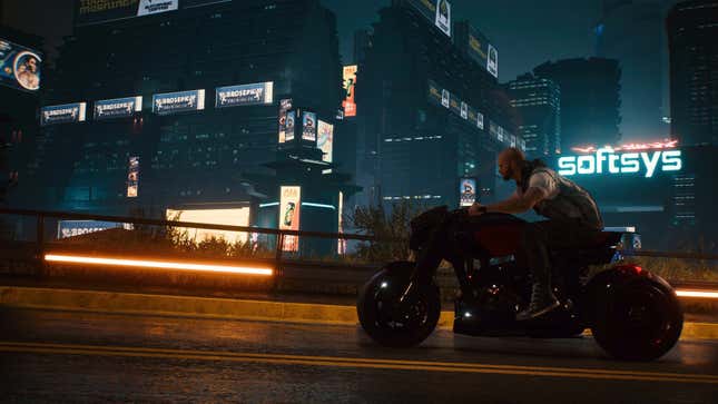 V is seen riding through Night City on a motorcycle.