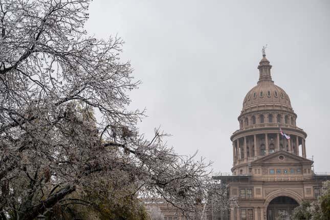 The Texas State Capitol is seen during a winter storm on February 01, 2023 in Austin, Texas. A winter storm is sweeping across portions of Texas, causing massive power outages and disruptions of highways and roads.