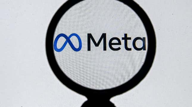 The Meta logo is shown behind a magnifying glass.