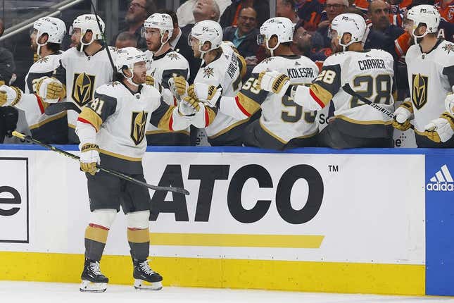 May 8, 2023; Edmonton, Alberta, CAN;The Vegas Golden Knights celebrate a goal by forward Jonathan Marchessault (81) during the first period against the Edmonton Oilers in game three of the second round of the 2023 Stanley Cup Playoffs at Rogers Place.