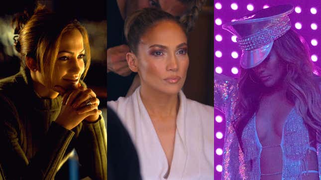 (from left) Jennifer Lopez in Out Of Sight (Universal Pictures); Halftime (Netflix); Hustlers (STX Films).