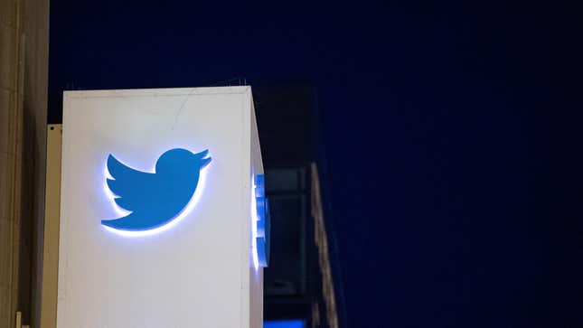 The Twitter logo is seen on a sign at the company’s headquarters in San Francisco, California.
