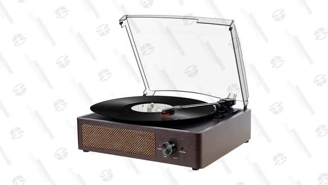 The vinyl record player turntable with two stereo speakers.