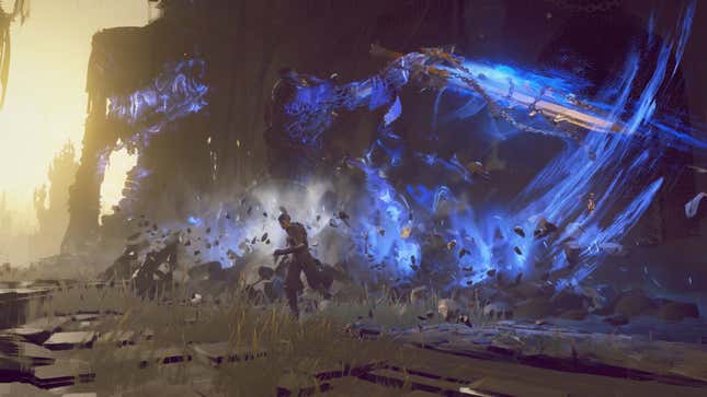 A screenshot of Babylon's Fall depicting the player character running away from a massive area-of-effect attack.