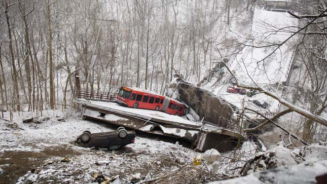 The aftermath of the collapse of Fern Hollow Bridge in Pittsburgh, Pennsylvania on Jan. 28, 2022.