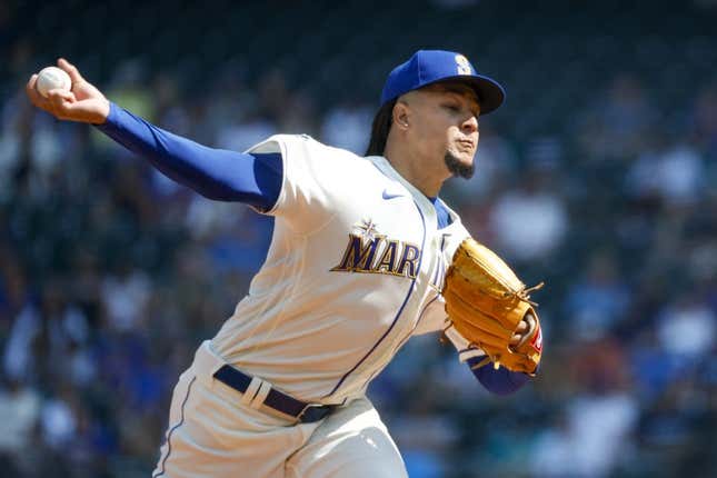 Aug 27, 2023; Seattle, Washington, USA; Seattle Mariners starting pitcher Luis Castillo (58) throws against the Kansas City Royals during the first inning at T-Mobile Park.