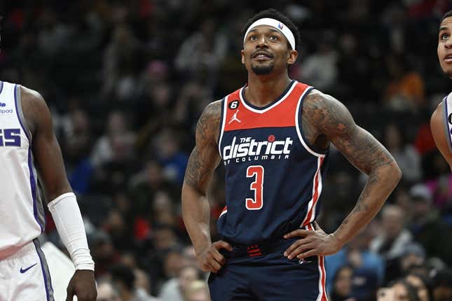 Mar 18, 2023; Washington, District of Columbia, USA; Washington Wizards guard Bradley Beal (3) looks on against the Sacramento Kings during the second half at Capital One Arena.