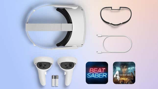 A Meta Quest 2 is arranged on a table beside images for Resident Evil 4 and Beat Saber.