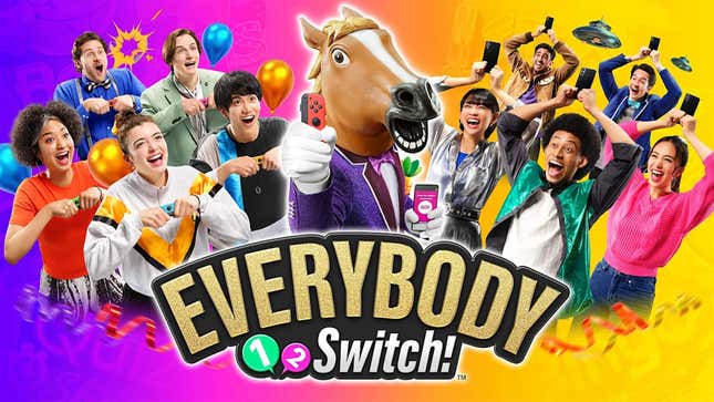 A bunch of people are seen holding Joy-Cons and being really excited about a guy wearing a horse mask in the middle of the crowd.