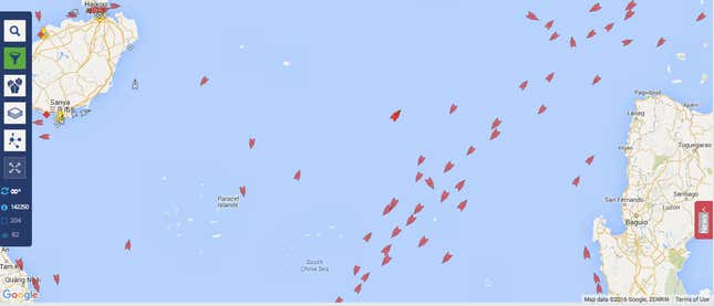 Ship traffic in the area where the drill will be held, at 2:34pm in Hong Kong on July 4.