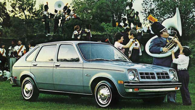 A photo of a blue Chevrolet Chevette surrounded by a brass band. 