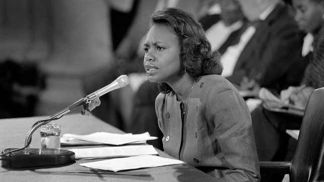 Anita Hill testifying in front of the Senate Judiciary Committee during Clarence Thomas’s Supreme Court confirmation hearing, Washington, D.C., USA, R. Michael Jenkins, October 11, 1991. 