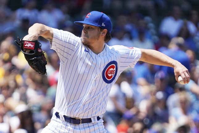 May 31, 2023;  Chicago, Illinois, USA;  Chicago Cubs starting pitcher Justin Steele (35) throws the ball against the Tampa Bay Rays during the first inning at Wrigley Field.