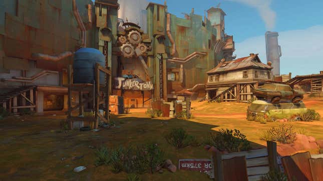The entrance to Junkertown is seen, with its rusted gate closed before an Overwatch 2 match.