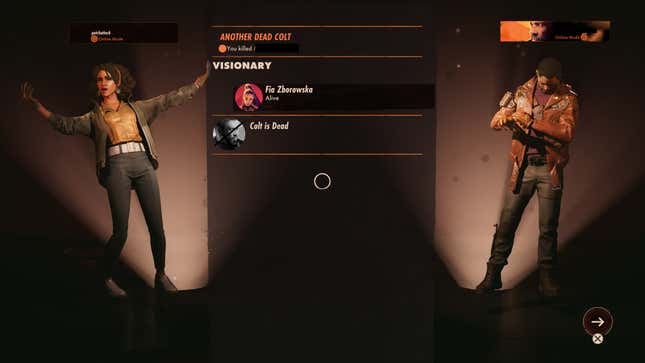 Deathloo's Julianna gloating on the results screen from a successful invasion while Colt bows his head.