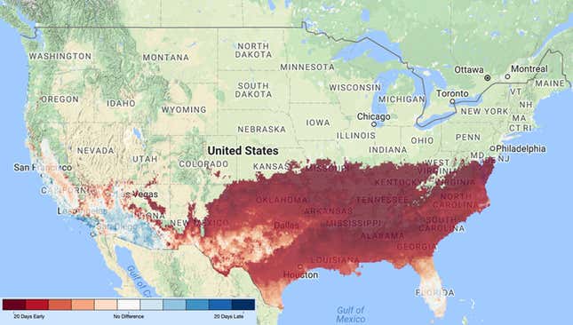 The advancement of spring as of Feb. 1 compared to Feb. 22.