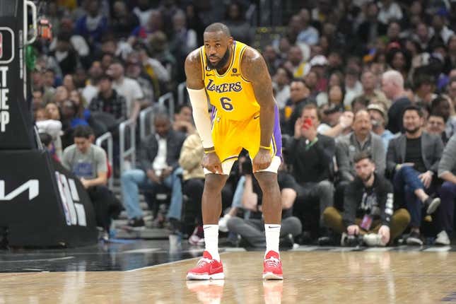 Apr 5, 2023; Los Angeles, California, USA; Los Angeles Lakers forward LeBron James (6) reacts against the LA Clippers in the second half at Crypto.com Arena.