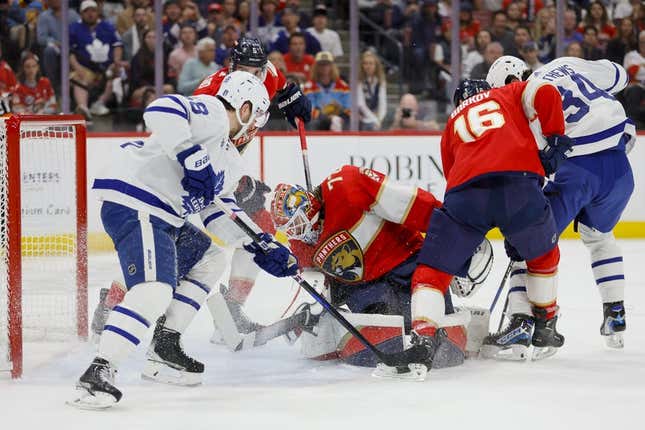 May 7, 2023; Sunrise, Florida, USA; Florida Panthers goaltender Sergei Bobrovsky (72) looks for the puck after a making a save against the Toronto Maple Leafs during the first period in game three of the second round of the 2023 Stanley Cup Playoffs at FLA Live Arena.