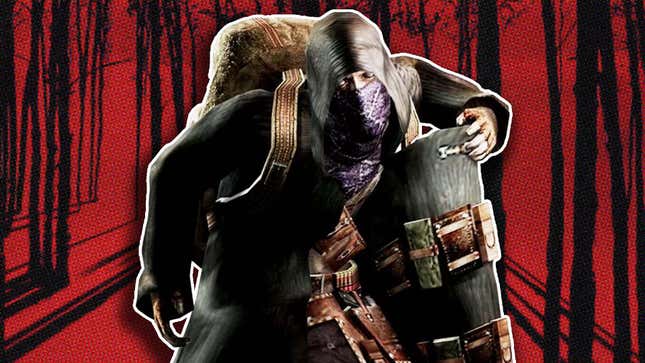 The Merchant from Resident Evil 4 stands in front of a red and black background. 