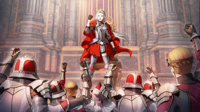 Edelgard speaks to a crowd of soldiers.