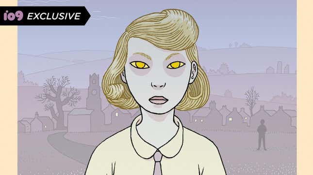 An illustration of a young blonde girl with eerie, staring, mind-controlling yellow eyes.