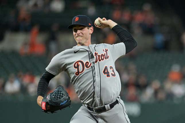 Apr 22, 2023; Baltimore, Maryland, USA;  Detroit Tigers starting pitcher Joey Wentz (43) throws a first inning pitch against the Baltimore Orioles at Oriole Park at Camden Yards.