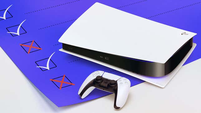 A PlayStation 5 sits on top of a blue checklist.