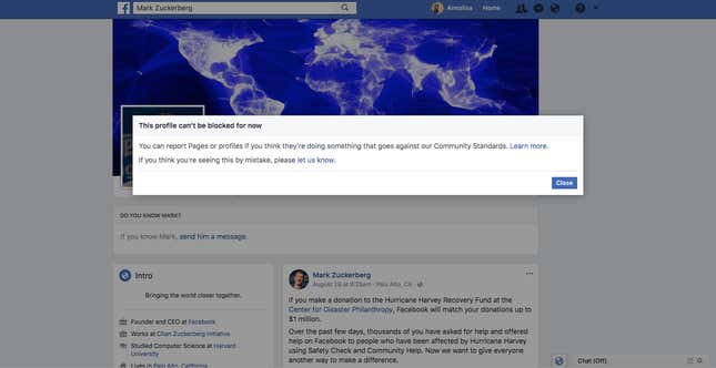 Image for article titled You can’t block Mark Zuckerberg or Priscilla Chan on Facebook
