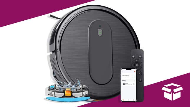 The robot vacuum and mop combo displayed next to a smartphone and remote.