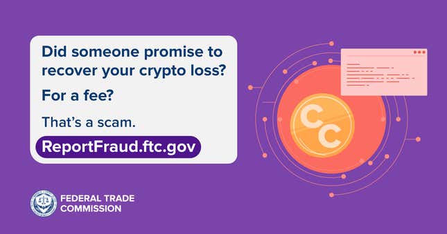 An infographic warning against cryptocurrency recovery scams.