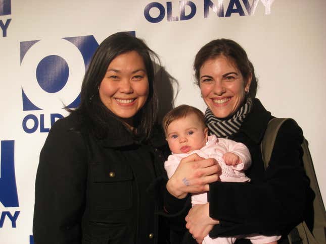 My baby girl with me and a friend at a fashion collection launch party in Chelsea, sometime around 10pm.