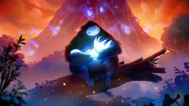 Ori and the Blind Forest's hero is cuddled by another creature sitting on a tree trunk.