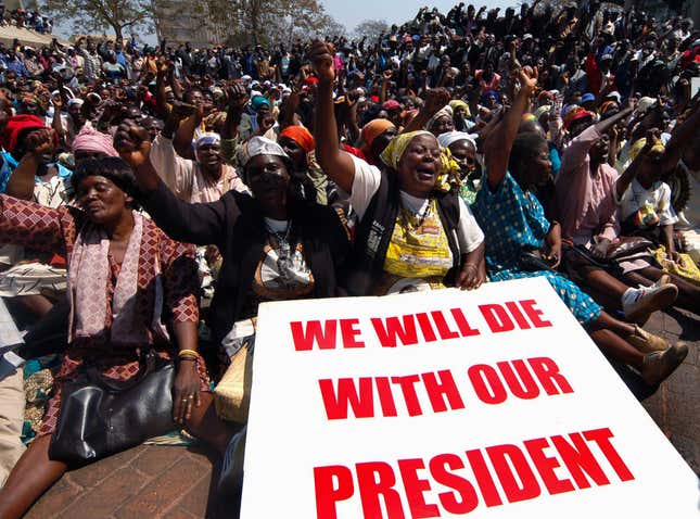 War veterans chant slogans after a march in solidarity with president Robert Mugabe’s rule in central Harare Aug. 29 2007.