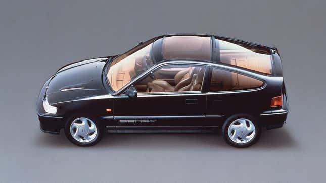 Honda press image of a black second-generation CR-X viewed from the side and slightly above.