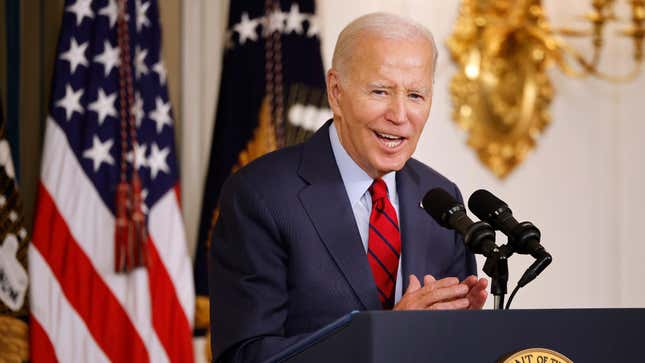 U.S. President Joe Biden delivers remarks to an audience of leaders from the International Longshore and Warehouse Union (ILWU) and the Pacific Maritime Association (PMA) during an event to congratulate them on finalizing a new labor contract in the State Dining Room at the White House on September 06, 2023 in Washington, DC.