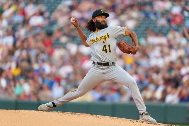 Aug 18, 2023; Minneapolis, Minnesota, USA; Pittsburgh Pirates starting pitcher Andre Jackson (41) pitches in the first inning against the Minnesota Twins at Target Field.