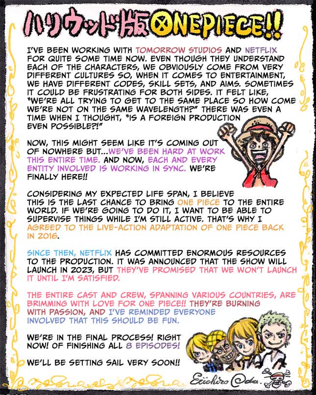 Image for article titled Netflix's One Piece Series Gets an Update From Eiichiro Oda