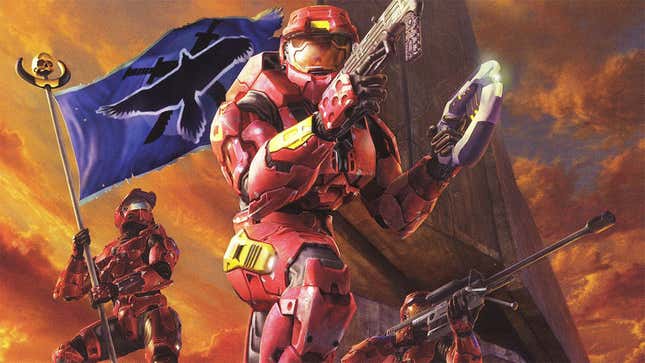 Artwork from a Halo 2 DLC pack featuring three red Spartans carrying weapons into battle. 
