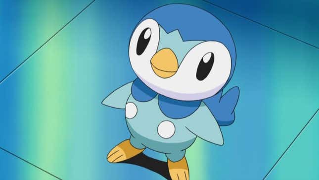 Piplup is shown standing on the floor looking up at something.
